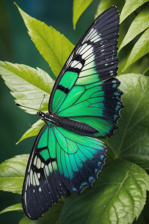 Beautiful green butterfly on a green leaf in the summer garden.の素材