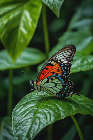 Butterfly on a green leaf in a botanical garden.の素材