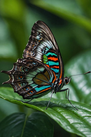 Close-up of a colorful butterfly sitting on a green leaf.の素材