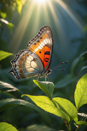 Butterfly on green leaves in sunlight. Beautiful nature scene.の素材