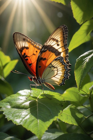 Butterfly on a leaf in the sunlight. Close up.の素材