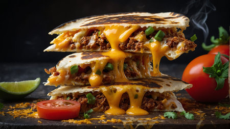 Traditional mexican tacos with beef, cheese and vegetables on dark backgroundの素材
