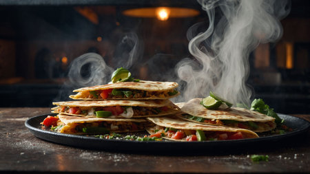 Traditional mexican quesadilla with guacamole and vegetablesの素材
