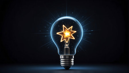 Glowing lightbulb with star inside on dark background. 3D renderingの素材