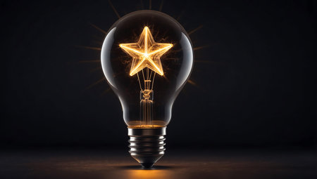 Glowing lightbulb with star inside on dark background 3D renderingの素材