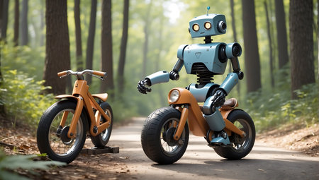 Robot riding a bike in the forest. 3d rendering.の素材