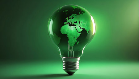 Glowing lightbulb with green world map inside on green backgroundの素材