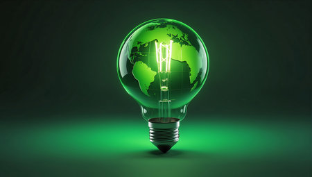 Glowing lightbulb with green world map inside on dark backgroundの素材