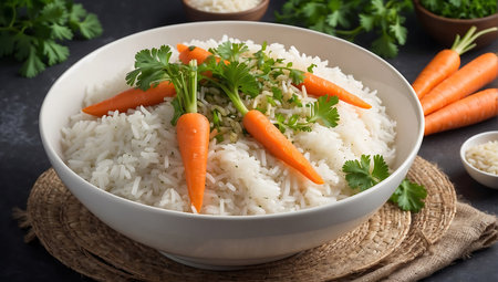 Bowl of steamed white rice with carrots and parsley on dark backgroundの素材