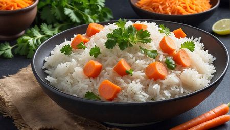 Bowl of steamed rice with carrots and parsley on dark backgroundの素材