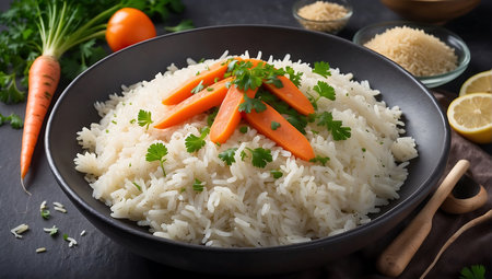 Bowl of steamed rice with carrot and parsley on dark backgroundの素材