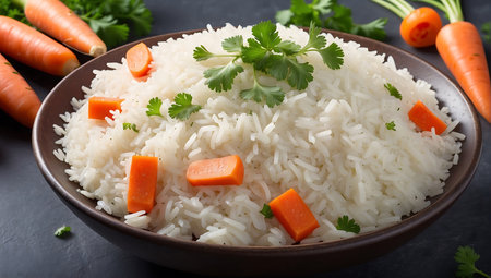 Bowl with tasty boiled rice and carrots on table, closeupの素材