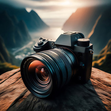 Camera on a wooden table against the background of a beautiful mountain landscapeの素材