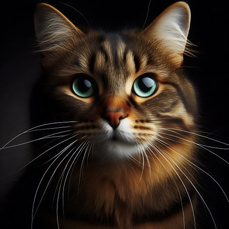 Siberian cat with green eyes on a black background. 3d renderingの素材