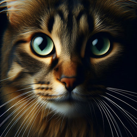 Portrait of a cat with green eyes and a black background.の素材