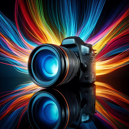 Digital SLR camera with colorful light trail on a black background.の素材
