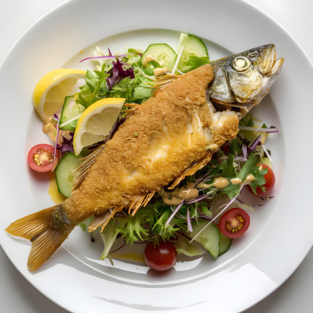Fried fish with salad and lemon on a white plate, top viewの素材