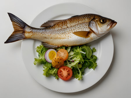 Fish with vegetables on a white plate, isolated on a white backgroundの素材