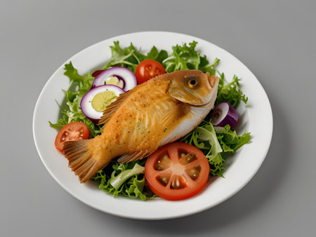 Salad with fish and vegetables on a white plate on gray backgroundの素材