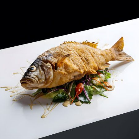 Grilled carp fish with salad on white plate isolated on black backgroundの素材