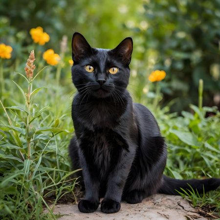 Black cat sitting in the garden with yellow flowers in the background.の素材