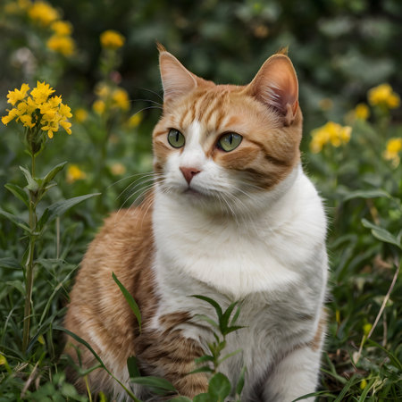 Red and white cat sitting in the grass with yellow flowers in the backgroundの素材