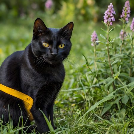 Black cat with yellow eyes sits on the grass in the garden.の素材