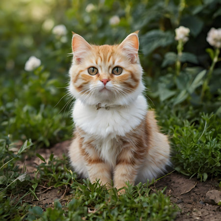 Portrait of a red and white kitten sitting on the grass.の素材