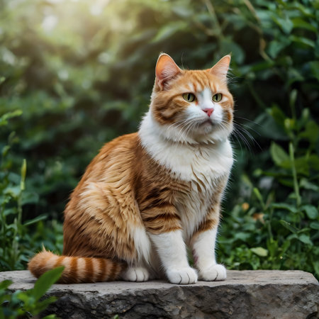 Beautiful red cat sitting on the stone in the summer garden.の素材