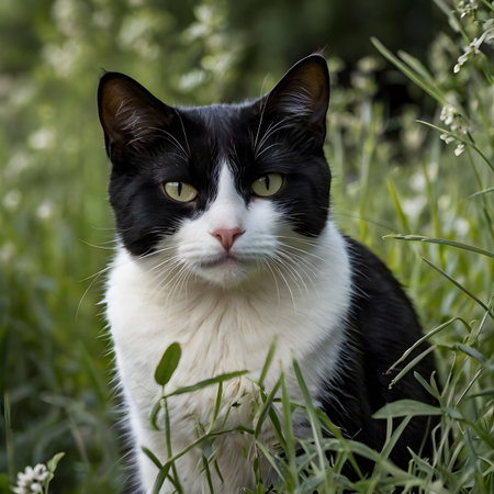 Black and white cat sitting in the grass with a green background.の素材
