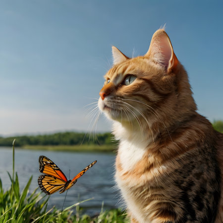 Beautiful cat with a butterfly on the background of the river.の素材