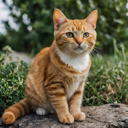 Beautiful red cat sitting in the garden and looking at camera.の素材