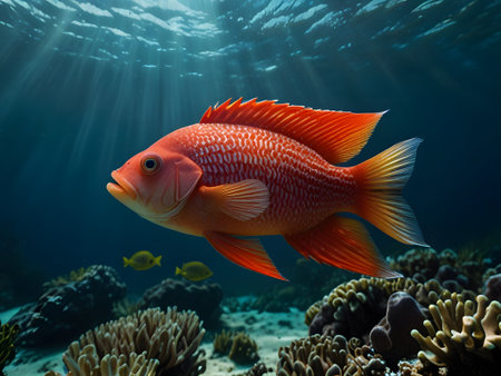 Underwater view of a tropical coral reef with a red fish.の素材