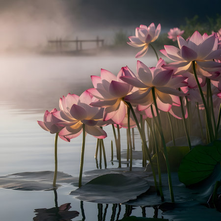 Beautiful pink lotus flower blooming on pond with mist.の素材
