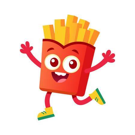 Funny french fries character running fast, fast food vector Illustrationのイラスト素材