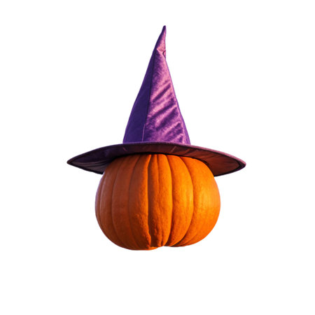 Halloween pumpkin with purple witch hat isolated on white background, clipping path includedの素材