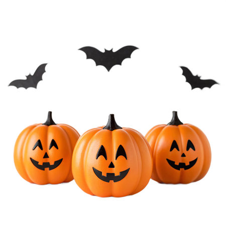 Halloween pumpkins and bats isolated on white background with clipping pathの素材
