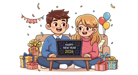 Illustration of a cartoon boy and girl celebrating New Year 2026 with gifts confetti and balloons sitting on the sofaの素材