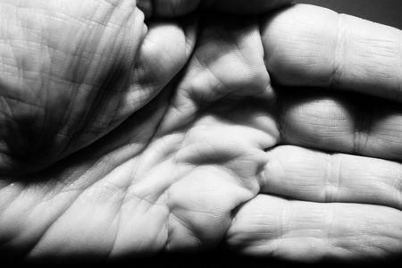 High contrast detail black & white shot of a wrinkled palm and hand showing fingerprints and swirls.の写真素材