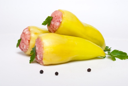 Tree raw stuffed pappers on white backgroundの写真素材