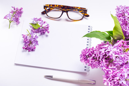 office desk with lillacの写真素材