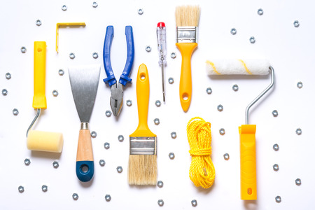 Building tools on a wooden backgroundの写真素材