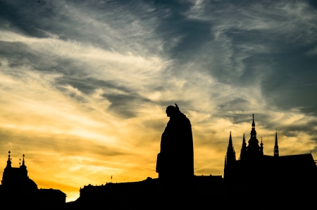 Prague  skyline picture taken during a dramatic sunsetの写真素材
