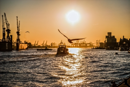 Sunset on Hamburg   Here is the second biggest harbor of Europe which shows its beauty at the end of the dayの写真素材