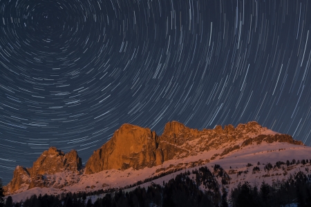 Rosengarten and startrails in a winter evening, Dolomites - Italyの写真素材
