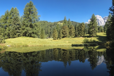 Lake along the hiking trail to the Odle Group, Dolomites - Italyの写真素材