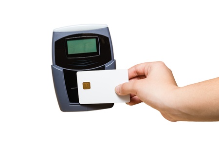 Pay with a Plastic Card with Electronic Chip isolated on White