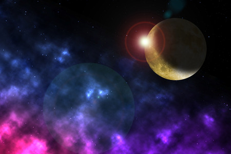 Science fiction illustration: nebulae,moon and space formations in a deep space with starry sky