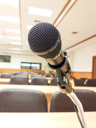 Microphone on background lecture hallの写真素材
