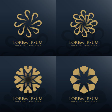 Floral Brands And Logo Designs Vector Collection, Vector Set Of Logo Design Templates In Trendy Linear Style With Flowers And Leaves - Signs Made With Golden Foil On Dark Blue Backのイラスト素材